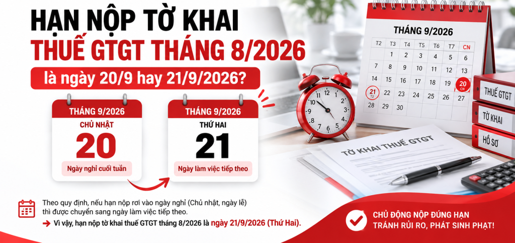 Hạn nộp tờ khai thuế GTGT tháng 8/2026 là ngày 20/9 hay 21/9/2026?