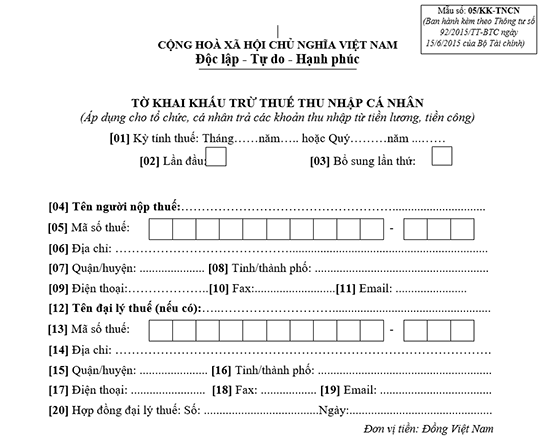 Mẫu tờ khai thuế thu nhập cá nhân mà doanh nghiệp phải nộp